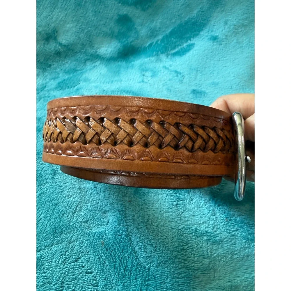 Vintage Tooled Leather Basket Weave Western Belt Tan Brown‎ Size 30 Mexico